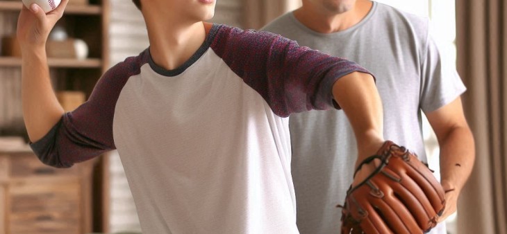 Improve coordination with chiropractic care. A boy about to throw a baseball, with his dad standing behind him.