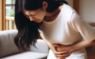 Poor alignment can lead to digestive issues. A woman with long black hair, hunched over in pain, clutching her stomach.