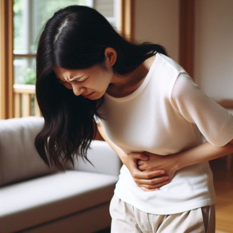 Poor alignment can lead to digestive issues. A woman with long black hair, hunched over in pain, clutching her stomach.