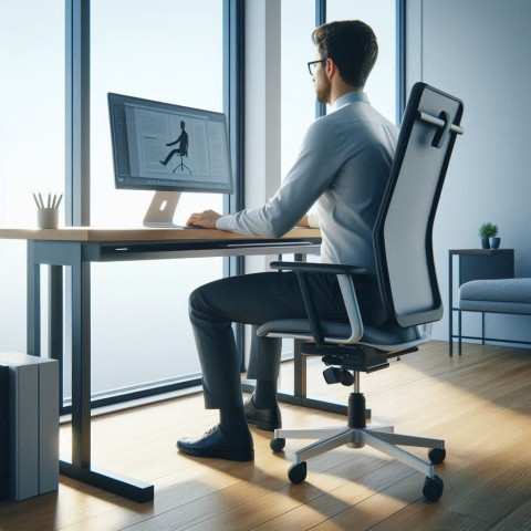 chiropractic care for the workplace. A man sitting at a desk in front of a window.