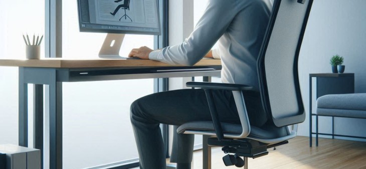 chiropractic care for the workplace. A man sitting at a desk in front of a window.