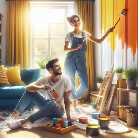 A couple painting as part of a home improvement project