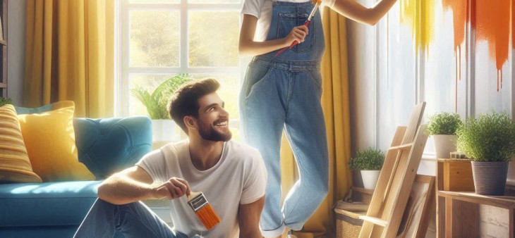 A couple painting as part of a home improvement project