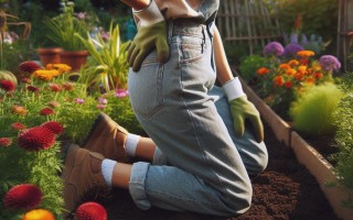 A woman kneeling in a flowerbed, hand resting on her lower back during gardening season