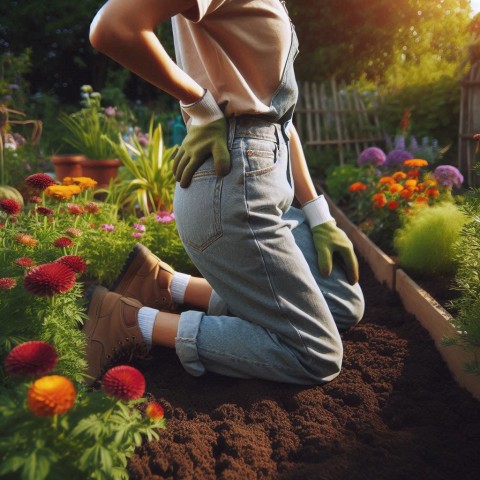 A woman kneeling in a flowerbed, hand resting on her lower back during gardening season