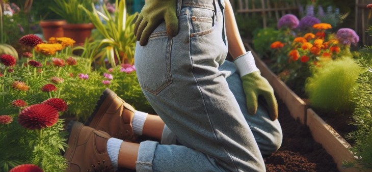A woman kneeling in a flowerbed, hand resting on her lower back during gardening season