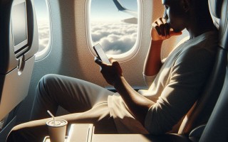 A person with bad posture on an airplane looking at his phone