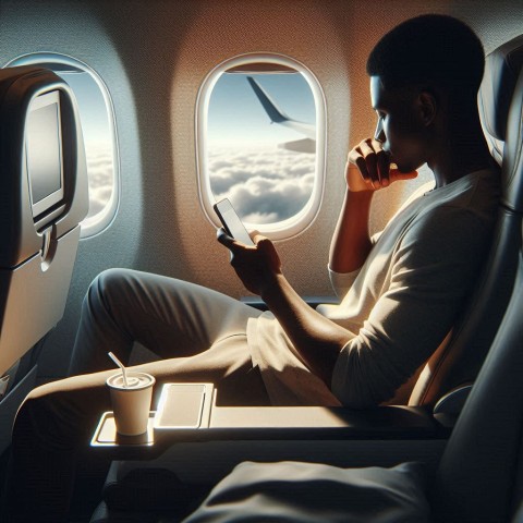 A person with bad posture on an airplane looking at his phone