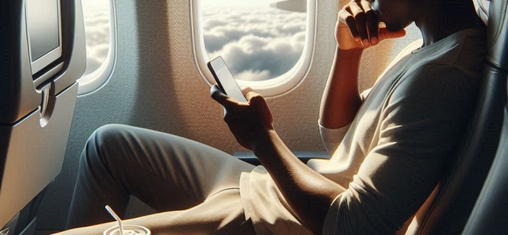 A person with bad posture on an airplane looking at his phone