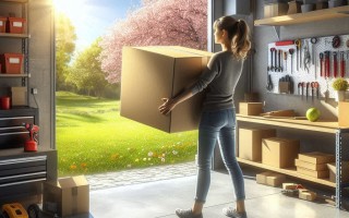 Woman in a garage holding a large box during spring cleaning