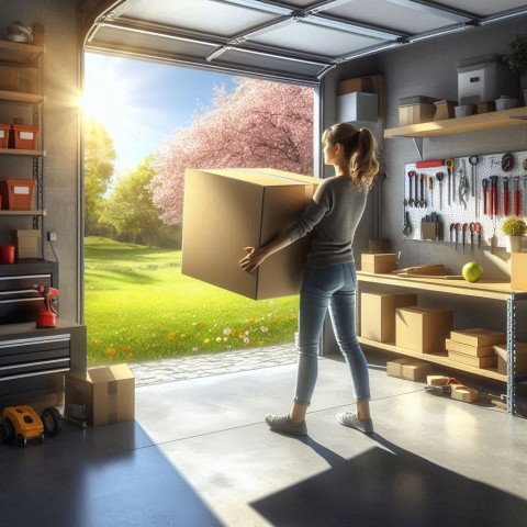 Woman in a garage holding a large box during spring cleaning