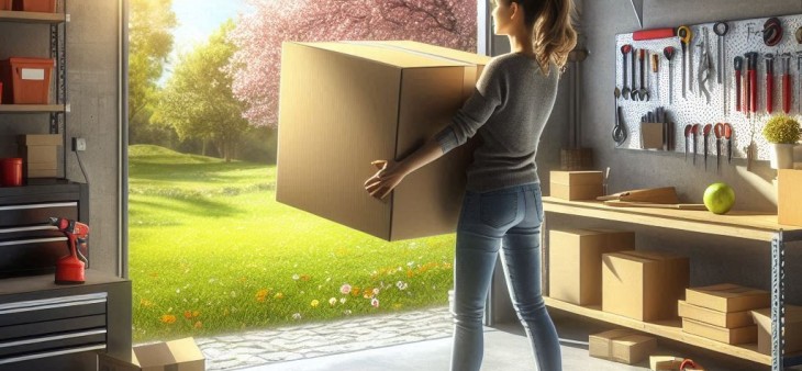 Woman in a garage holding a large box during spring cleaning