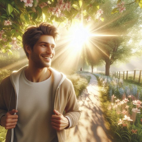 How to safely increase activity levels in the spring. Man walking on a path through a sunny park in the spring