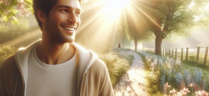 How to safely increase activity levels in the spring. Man walking on a path through a sunny park in the spring