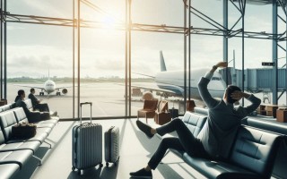 A man stretching while he waits for his flight during summer vacations