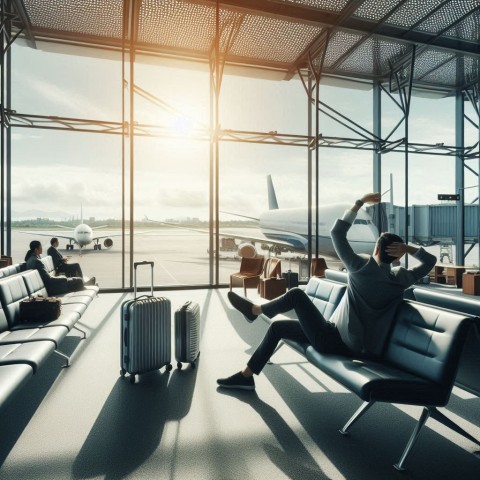 A man stretching while he waits for his flight during summer vacations