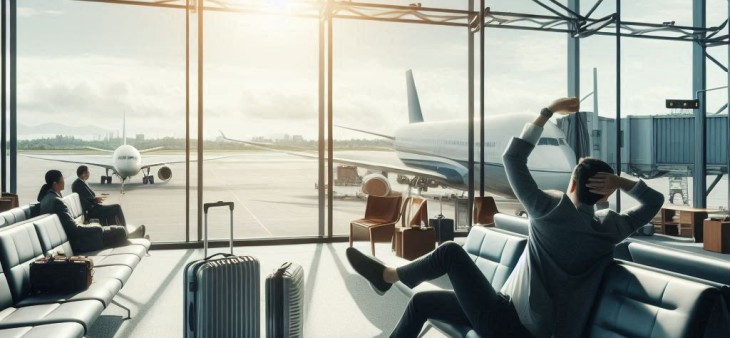 A man stretching while he waits for his flight during summer vacations