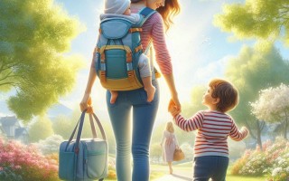 Moms and caregivers experience strain from lifting and carrying. This picture shows a mother with a baby on her back, holding the hand of her toddler and carrying a diaper bag in her other hand.