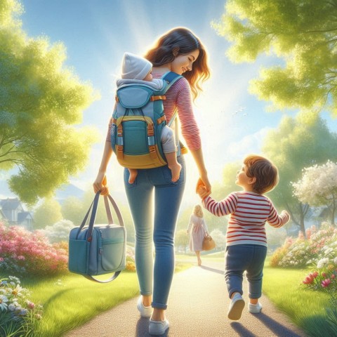 Moms and caregivers experience strain from lifting and carrying. This picture shows a mother with a baby on her back, holding the hand of her toddler and carrying a diaper bag in her other hand.