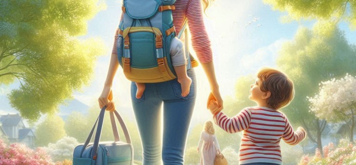 Moms and caregivers experience strain from lifting and carrying. This picture shows a mother with a baby on her back, holding the hand of her toddler and carrying a diaper bag in her other hand.