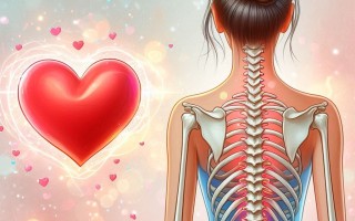 A woman's back showing her spine and skeleton next to a large heart