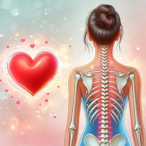 A woman's back showing her spine and skeleton next to a large heart