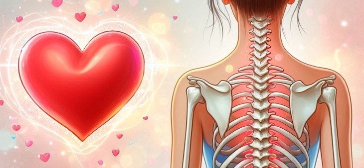 A woman's back showing her spine and skeleton next to a large heart