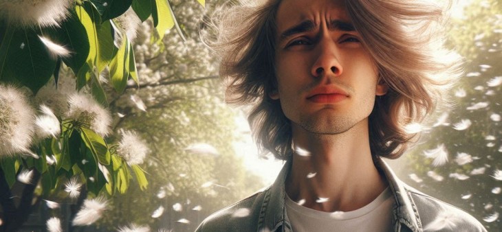 Can chiropractic care help during allergy season? A man surrounded by cottonwood blossoms floating in the air.